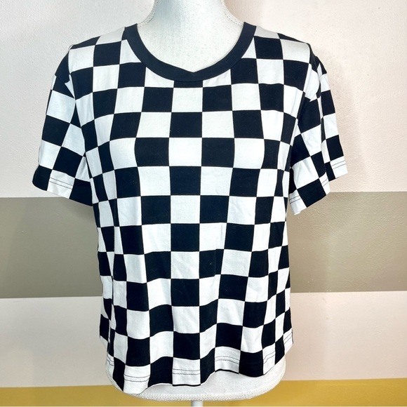 2/$25 NWT LulaRoe Black White Checkered Print Racing NASCAR Grunge Emo Crop Top - Picture 2 of 10